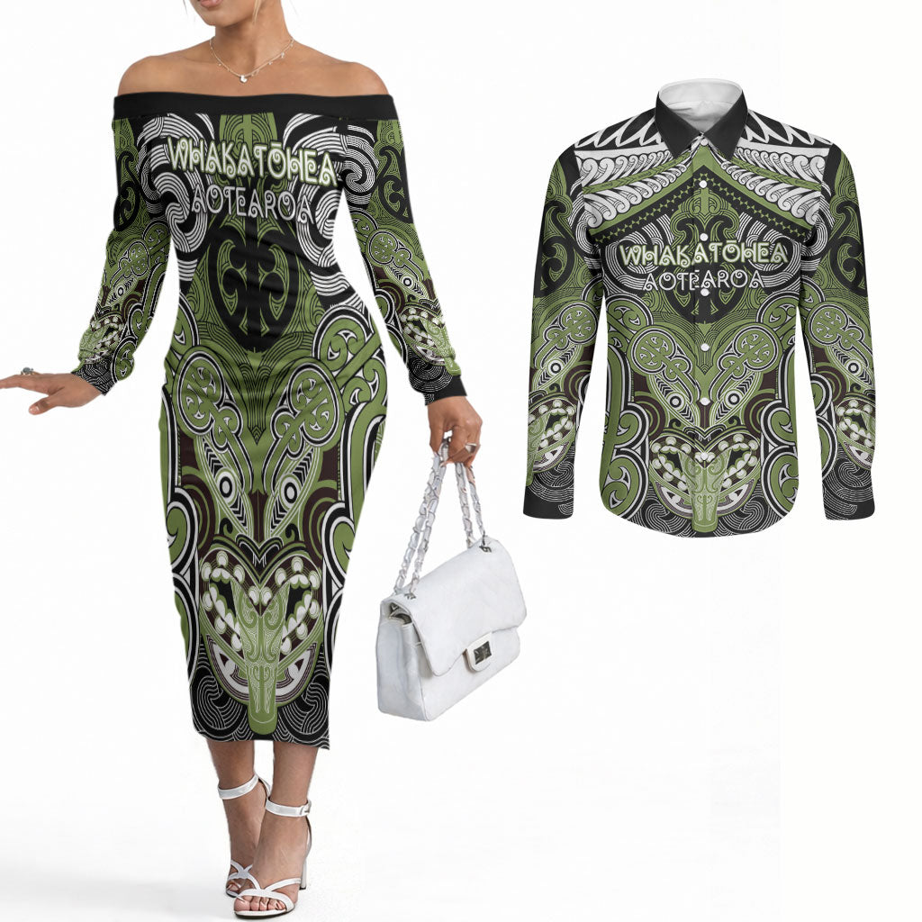 Aotearoa Iwi Whakatohea Personalised Couples Matching Off The Shoulder Long Sleeve Dress and Long Sleeve Button Shirt Maori Kowhaiwhai Pattern