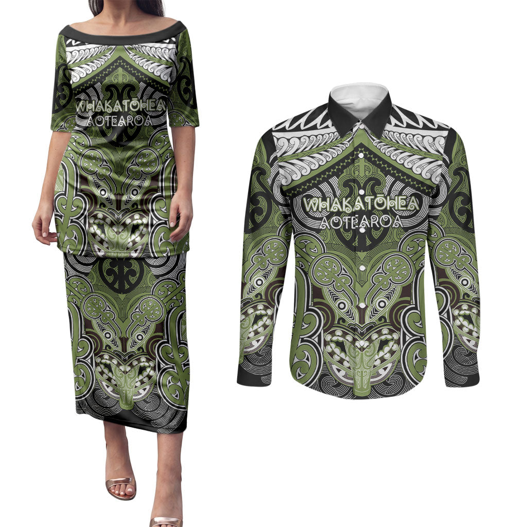 Aotearoa Iwi Whakatohea Personalised Couples Matching Puletasi and Long Sleeve Button Shirt Maori Kowhaiwhai Pattern