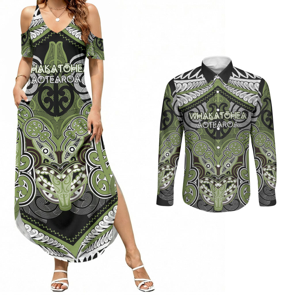 Aotearoa Iwi Whakatohea Personalised Couples Matching Summer Maxi Dress and Long Sleeve Button Shirt Maori Kowhaiwhai Pattern