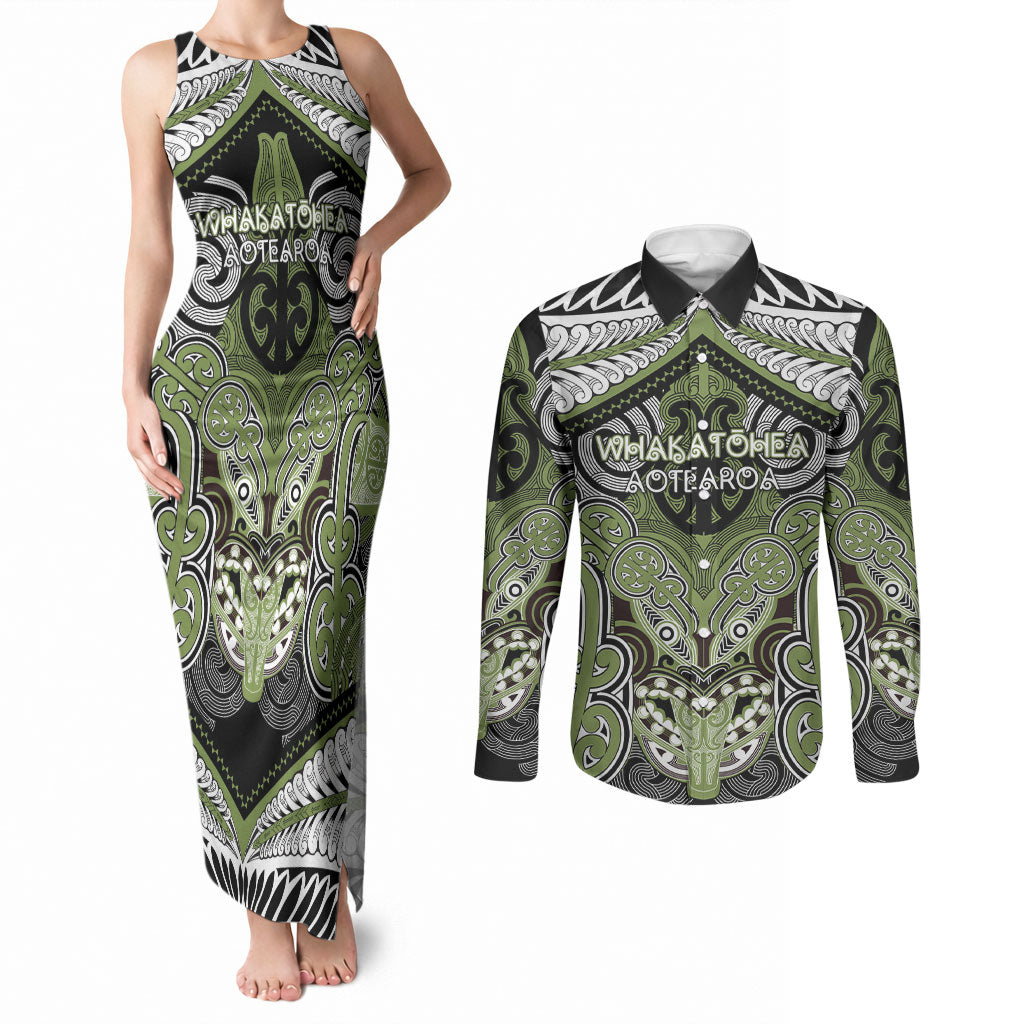 Aotearoa Iwi Whakatohea Personalised Couples Matching Tank Maxi Dress and Long Sleeve Button Shirt Maori Kowhaiwhai Pattern