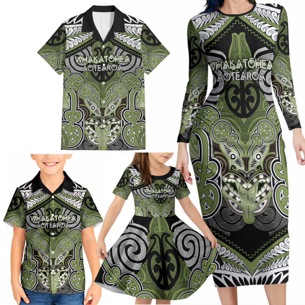Aotearoa Iwi Whakatohea Personalised Family Matching Long Sleeve Bodycon Dress and Hawaiian Shirt Maori Kowhaiwhai Pattern