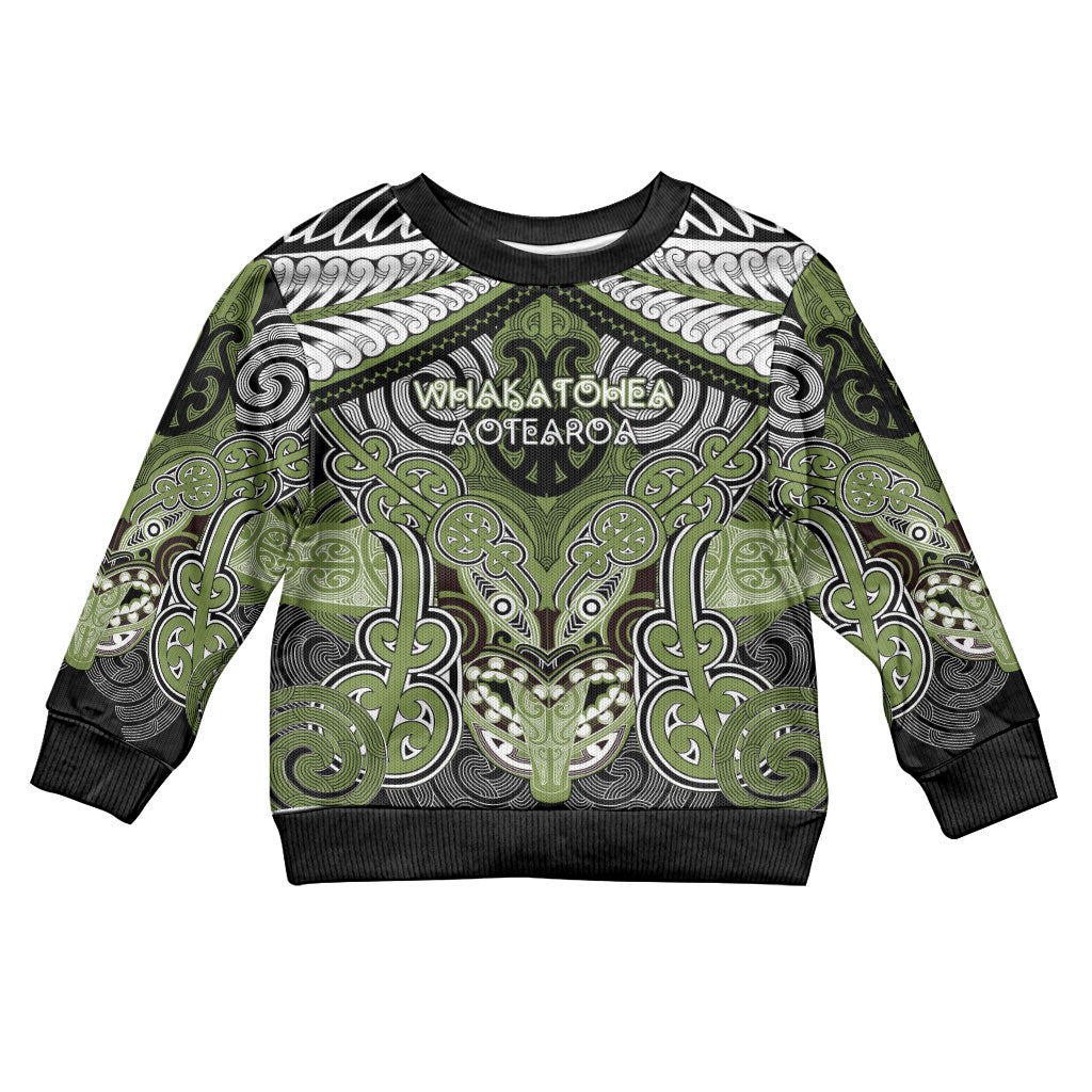 Aotearoa Iwi Whakatohea Personalised Kid Ugly Christmas Sweater Maori Kowhaiwhai Pattern LT19 Kid Olive Green - Polynesian Pride