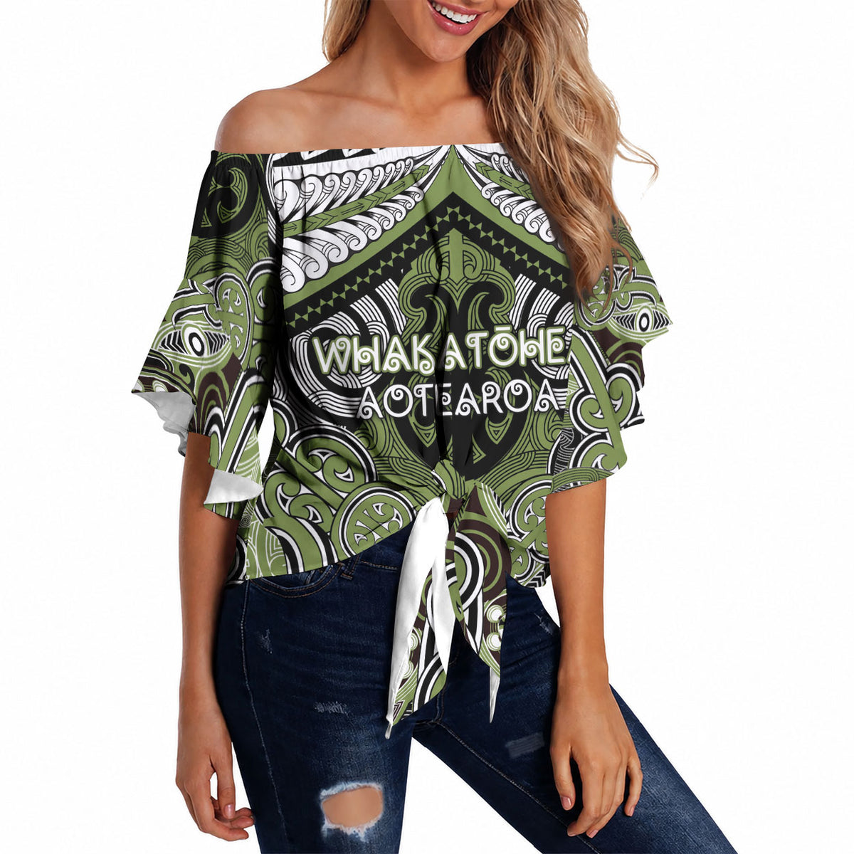Aotearoa Iwi Whakatohea Personalised Off Shoulder Wrap Waist Top Maori Kowhaiwhai Pattern