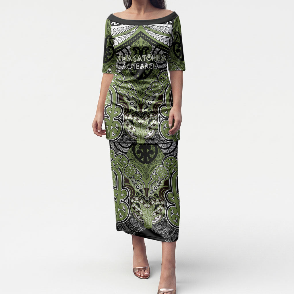 Aotearoa Iwi Whakatohea Personalised Puletasi Maori Kowhaiwhai Pattern LT19 Long Dress Olive Green - Polynesian Pride