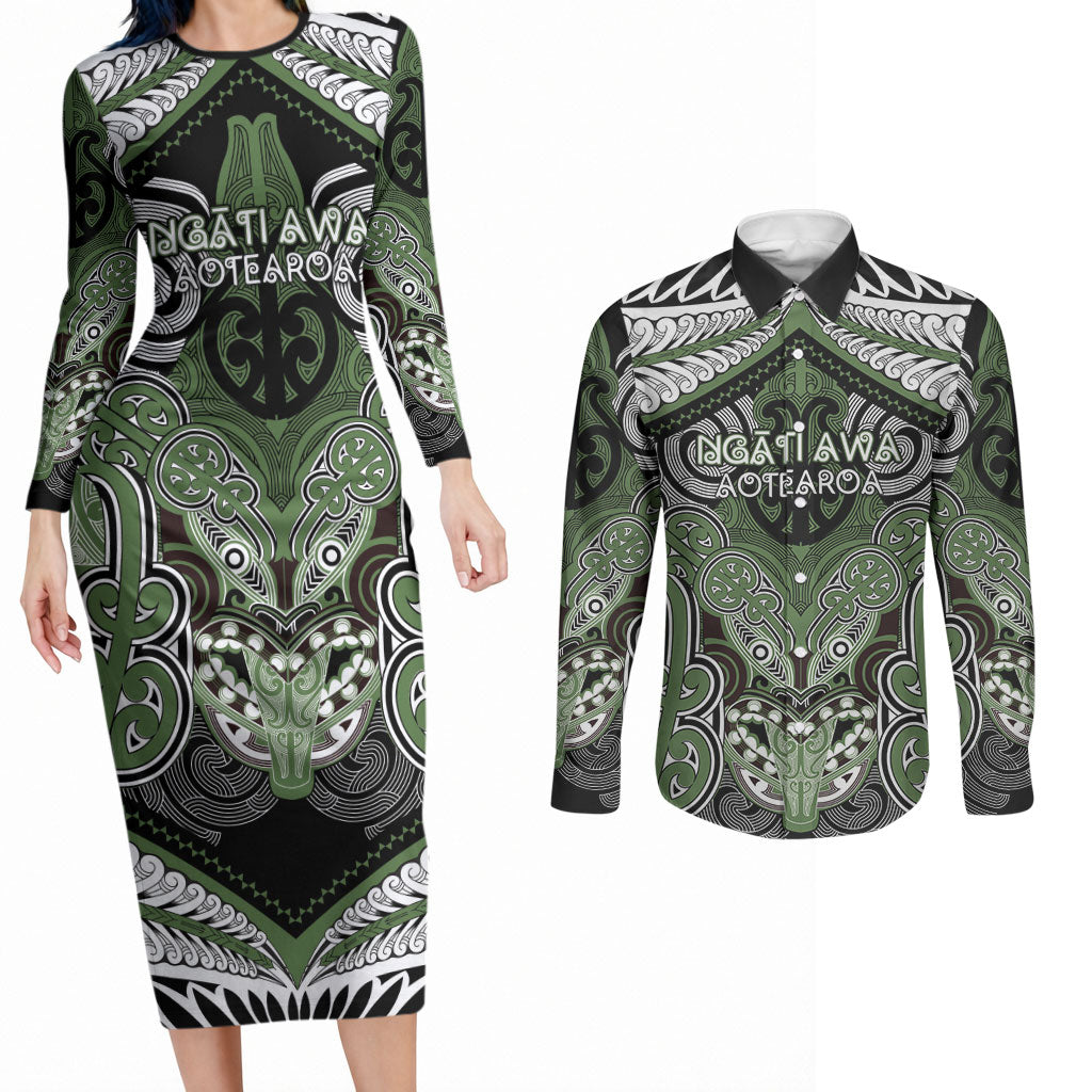 Aotearoa Iwi Ngati Awa Personalised Couples Matching Long Sleeve Bodycon Dress and Long Sleeve Button Shirt Maori Kowhaiwhai Pattern