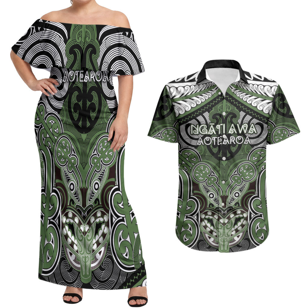 Aotearoa Iwi Ngati Awa Personalised Couples Matching Off Shoulder Maxi Dress and Hawaiian Shirt Maori Kowhaiwhai Pattern