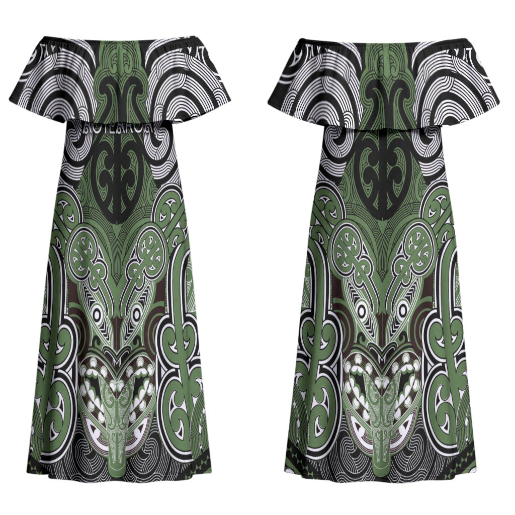 Aotearoa Iwi Ngati Awa Personalised Couples Matching Off Shoulder Maxi Dress and Long Sleeve Button Shirt Maori Kowhaiwhai Pattern