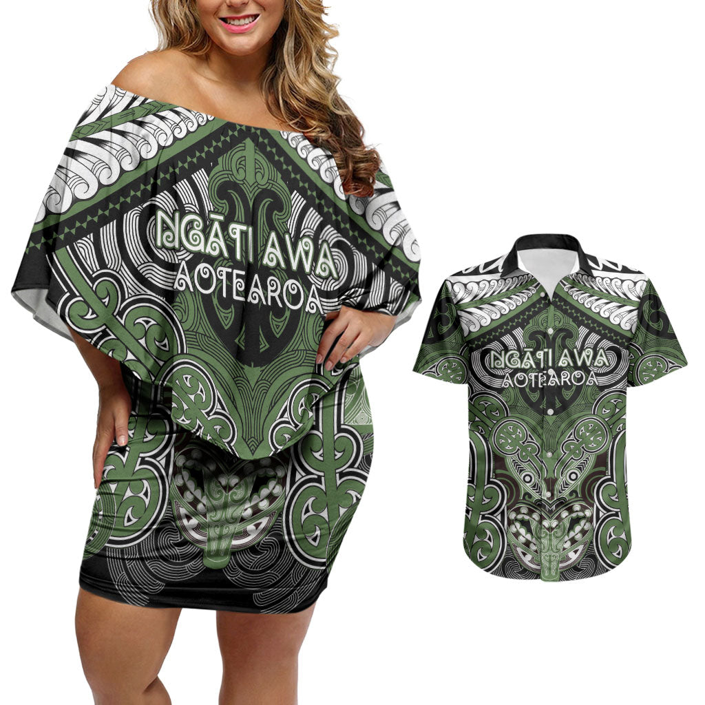 Aotearoa Iwi Ngati Awa Personalised Couples Matching Off Shoulder Short Dress and Hawaiian Shirt Maori Kowhaiwhai Pattern