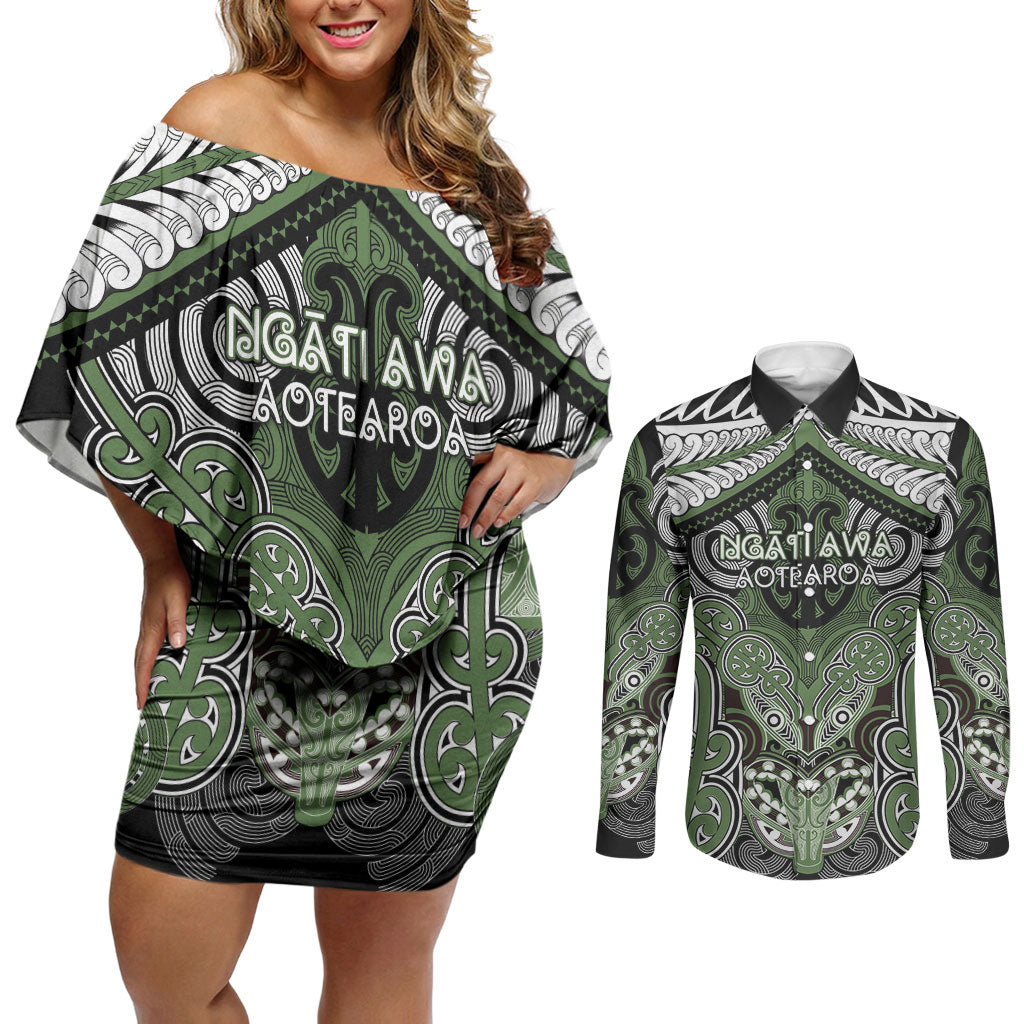 Aotearoa Iwi Ngati Awa Personalised Couples Matching Off Shoulder Short Dress and Long Sleeve Button Shirt Maori Kowhaiwhai Pattern