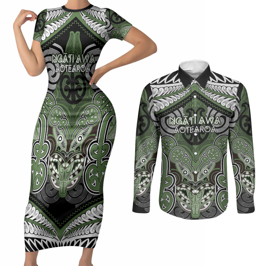 Aotearoa Iwi Ngati Awa Personalised Couples Matching Short Sleeve Bodycon Dress and Long Sleeve Button Shirt Maori Kowhaiwhai Pattern