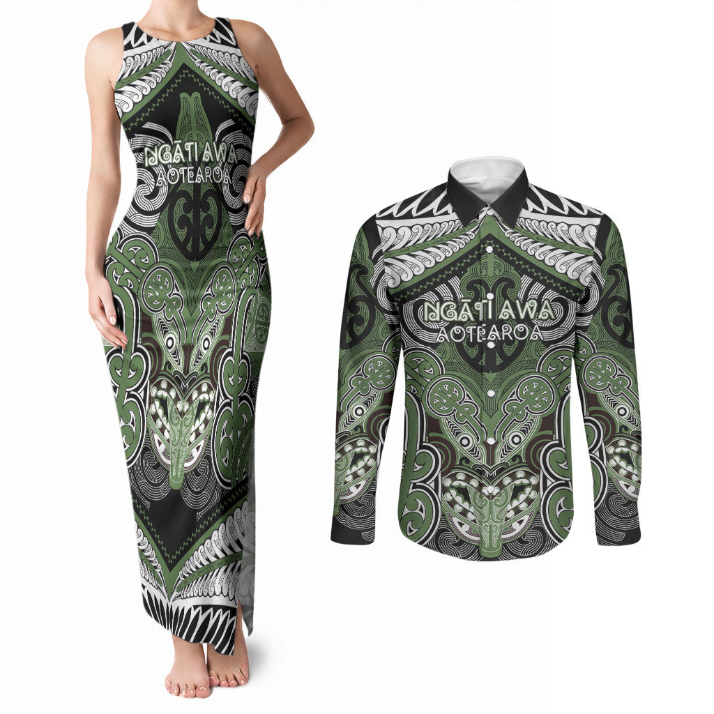 Aotearoa Iwi Ngati Awa Personalised Couples Matching Tank Maxi Dress and Long Sleeve Button Shirt Maori Kowhaiwhai Pattern