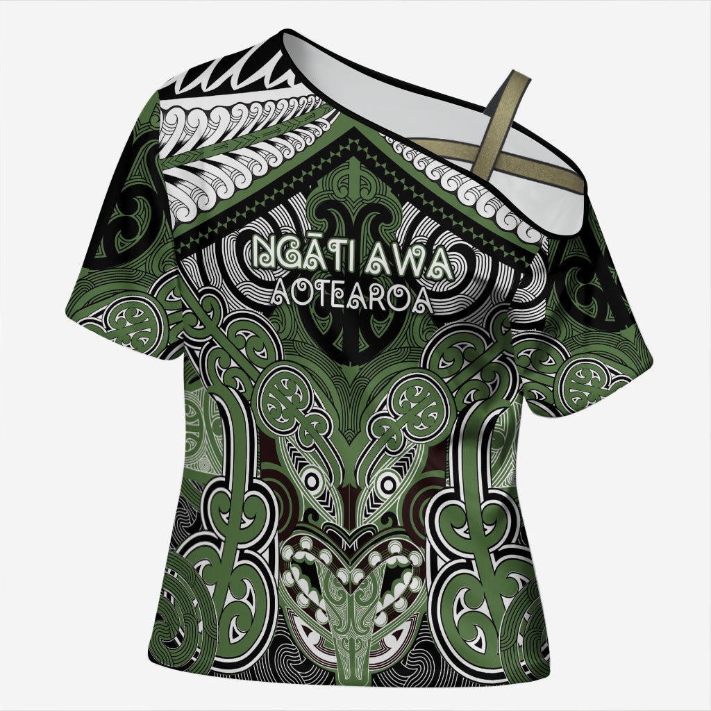 Aotearoa Iwi Ngati Awa Personalised Cross Shoulder Shirt Maori Kowhaiwhai Pattern LT19 Female Green - Polynesian Pride