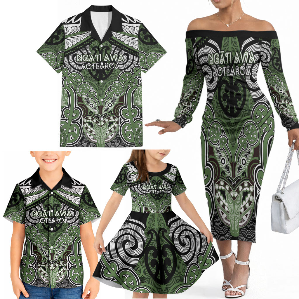 Aotearoa Iwi Ngati Awa Personalised Family Matching Off The Shoulder Long Sleeve Dress and Hawaiian Shirt Maori Kowhaiwhai Pattern