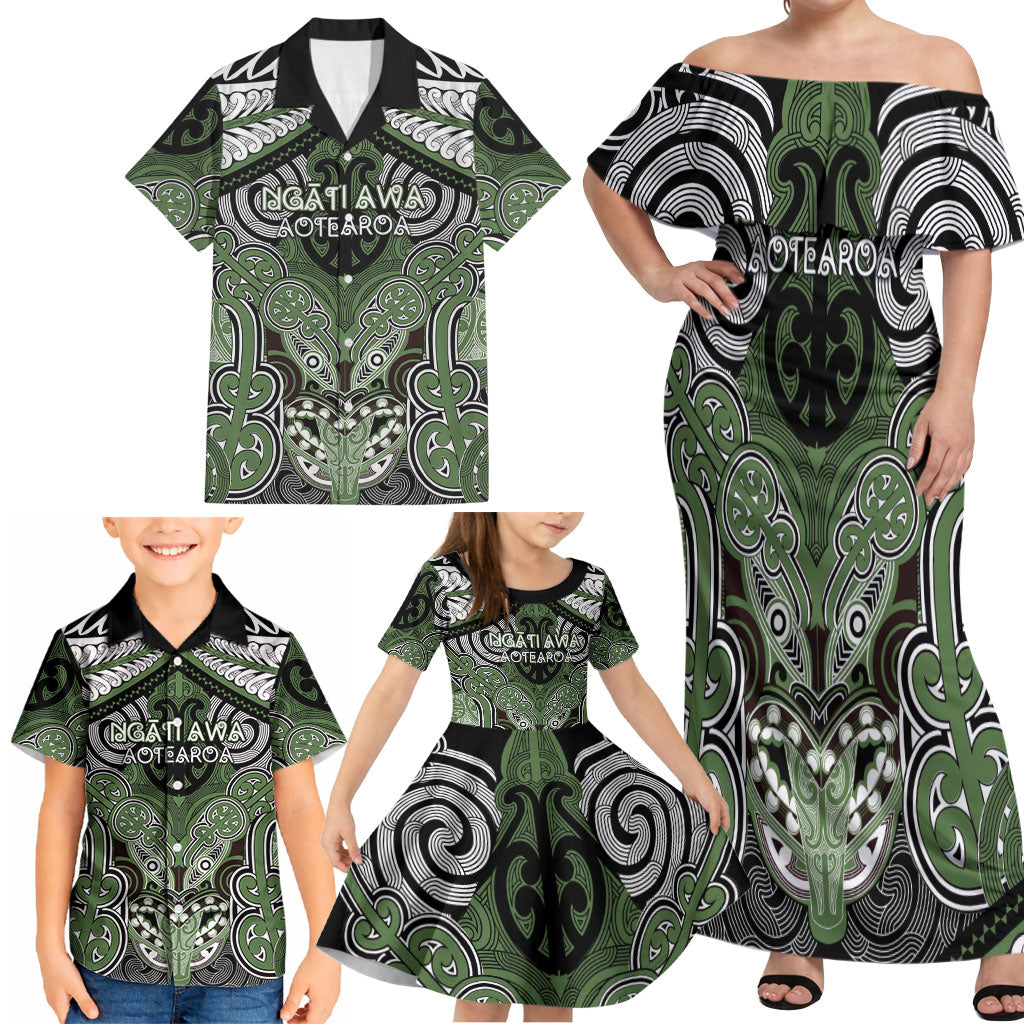 Aotearoa Iwi Ngati Awa Personalised Family Matching Off Shoulder Maxi Dress and Hawaiian Shirt Maori Kowhaiwhai Pattern