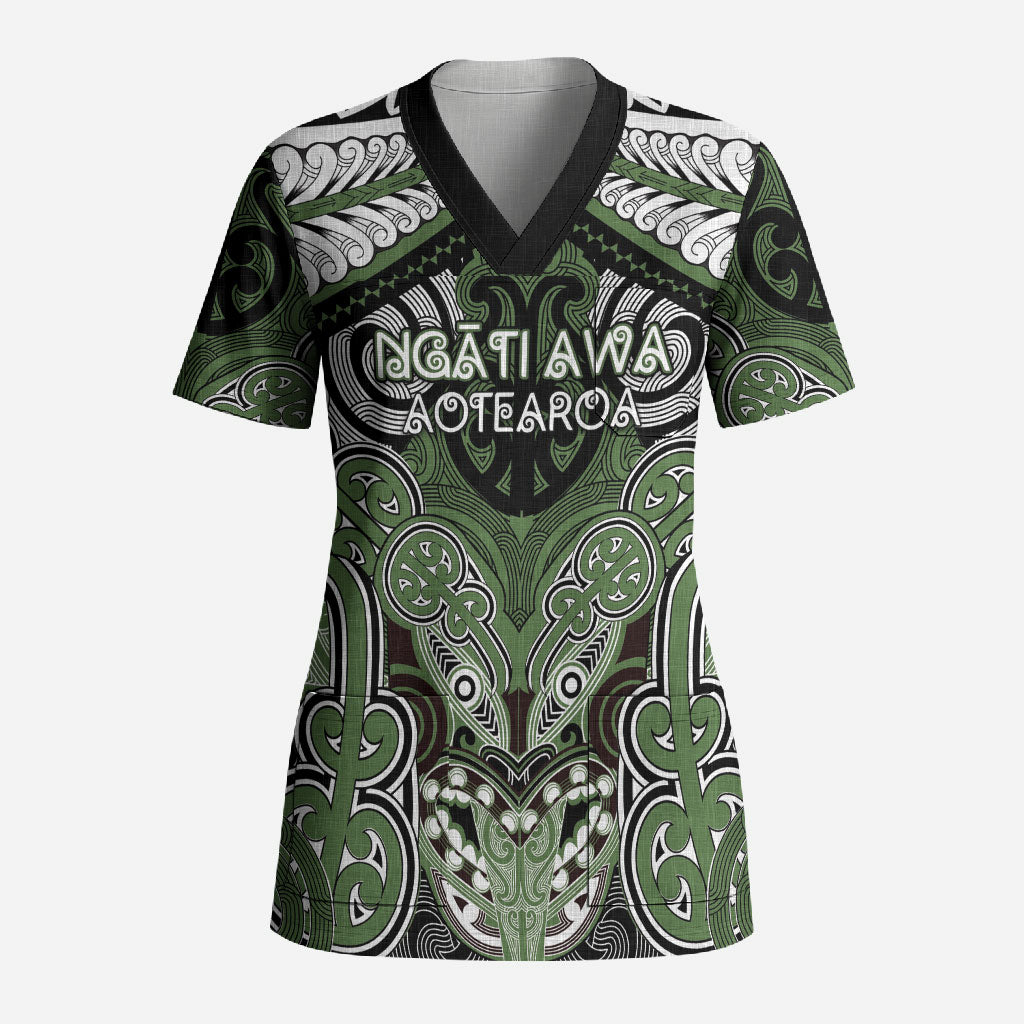 Aotearoa Iwi Ngati Awa Personalised Scrub Top Maori Kowhaiwhai Pattern LT19 Adult Green - Polynesian Pride