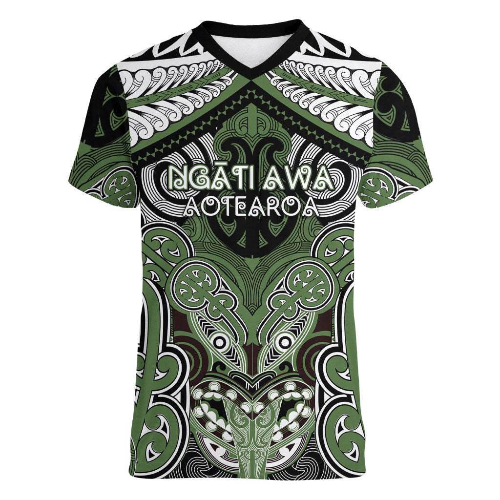 Aotearoa Iwi Ngati Awa Personalised Women V-Neck T-Shirt Maori Kowhaiwhai Pattern