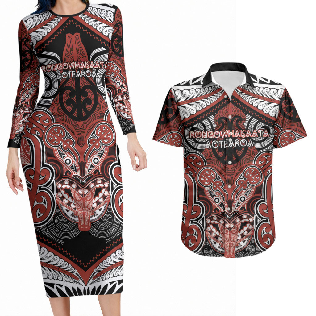 Aotearoa Iwi Rongowhakaata Personalised Couples Matching Long Sleeve Bodycon Dress and Hawaiian Shirt Maori Kowhaiwhai Pattern