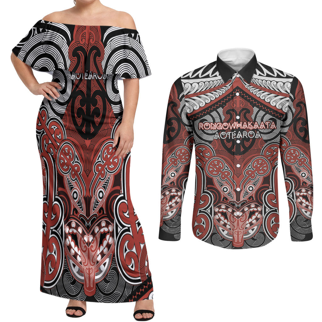 Aotearoa Iwi Rongowhakaata Personalised Couples Matching Off Shoulder Maxi Dress and Long Sleeve Button Shirt Maori Kowhaiwhai Pattern