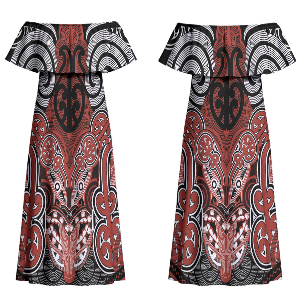 Aotearoa Iwi Rongowhakaata Personalised Couples Matching Off Shoulder Maxi Dress and Long Sleeve Button Shirt Maori Kowhaiwhai Pattern