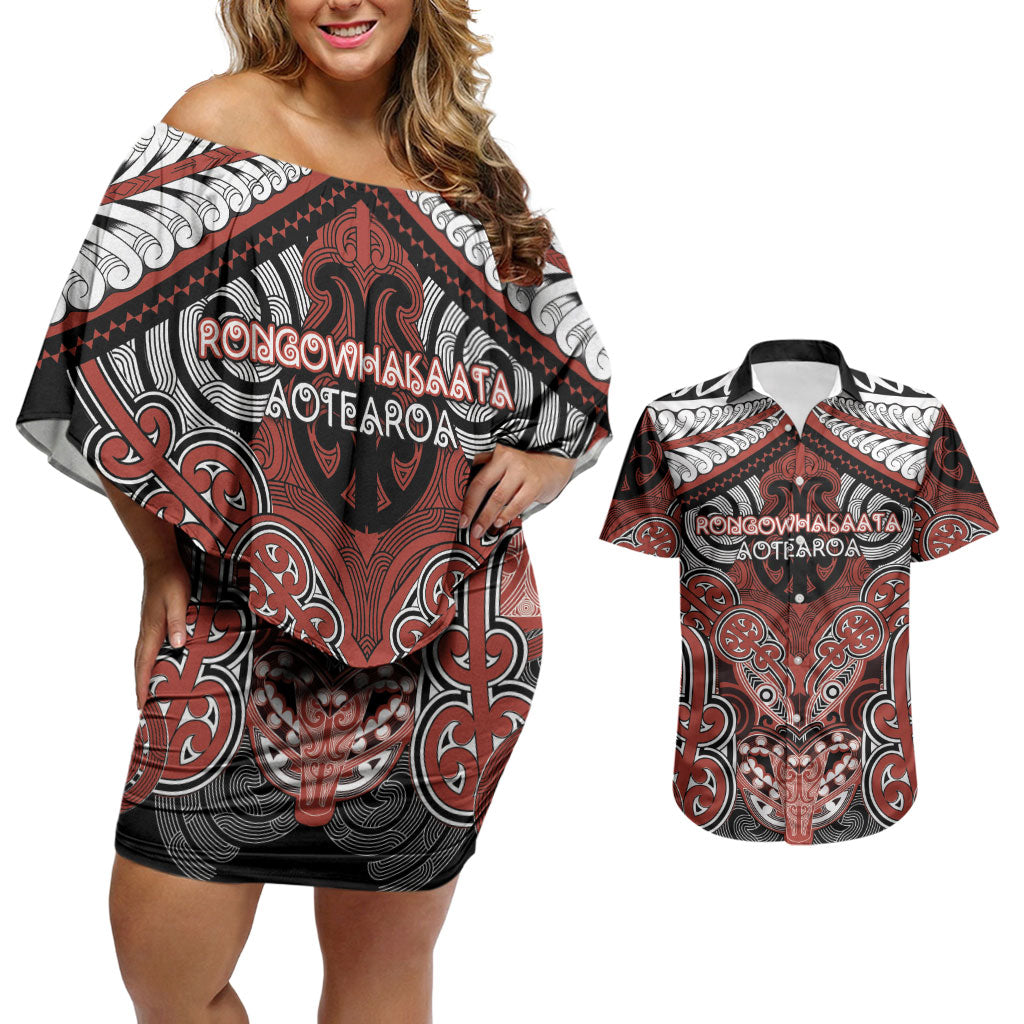 Aotearoa Iwi Rongowhakaata Personalised Couples Matching Off Shoulder Short Dress and Hawaiian Shirt Maori Kowhaiwhai Pattern