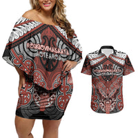 Aotearoa Iwi Rongowhakaata Personalised Couples Matching Off Shoulder Short Dress and Hawaiian Shirt Maori Kowhaiwhai Pattern