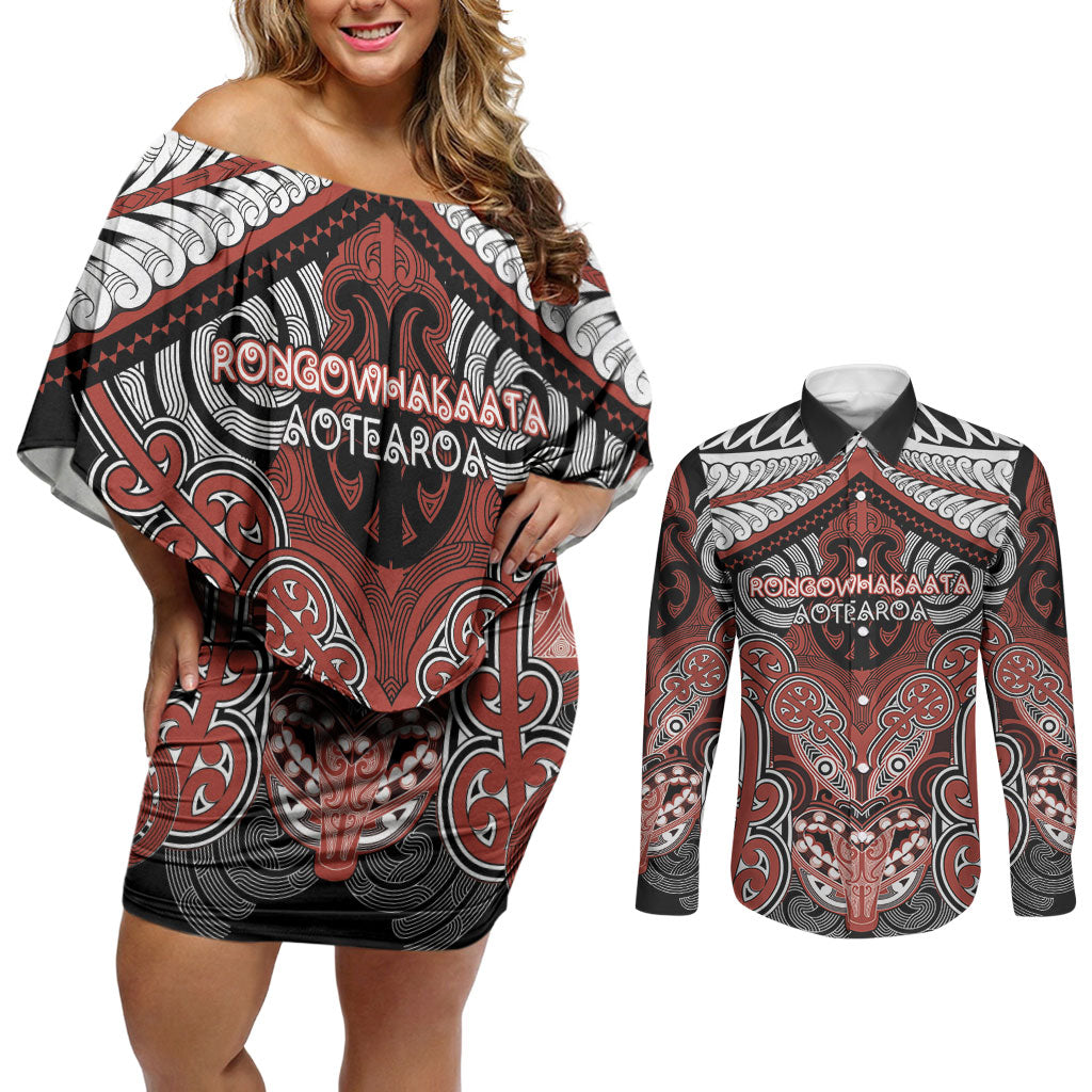 Aotearoa Iwi Rongowhakaata Personalised Couples Matching Off Shoulder Short Dress and Long Sleeve Button Shirt Maori Kowhaiwhai Pattern