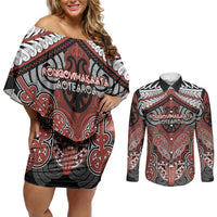 Aotearoa Iwi Rongowhakaata Personalised Couples Matching Off Shoulder Short Dress and Long Sleeve Button Shirt Maori Kowhaiwhai Pattern