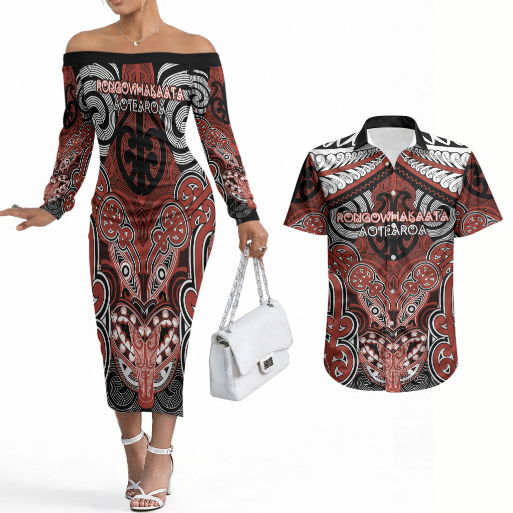 Aotearoa Iwi Rongowhakaata Personalised Couples Matching Off The Shoulder Long Sleeve Dress and Hawaiian Shirt Maori Kowhaiwhai Pattern