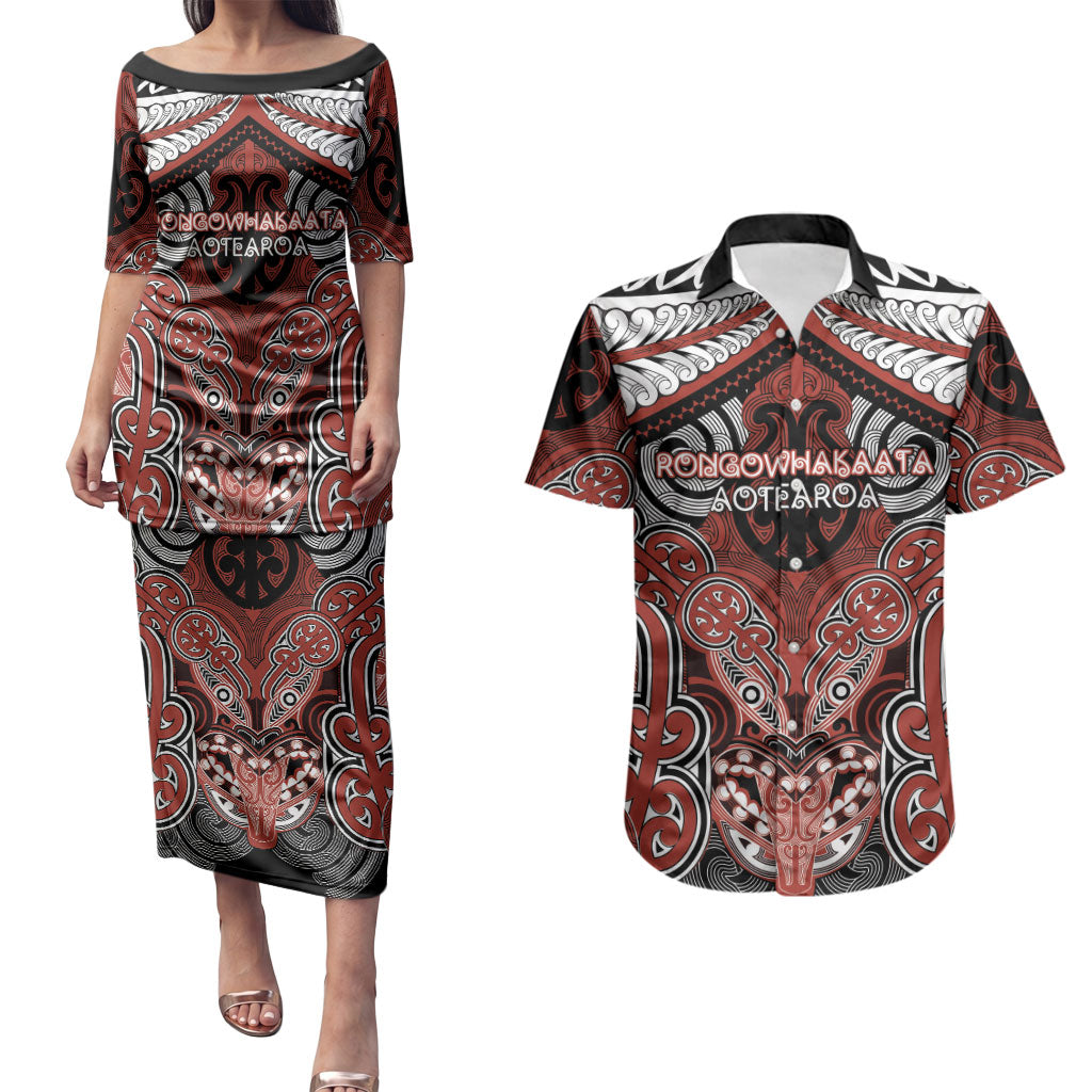 Aotearoa Iwi Rongowhakaata Personalised Couples Matching Puletasi and Hawaiian Shirt Maori Kowhaiwhai Pattern