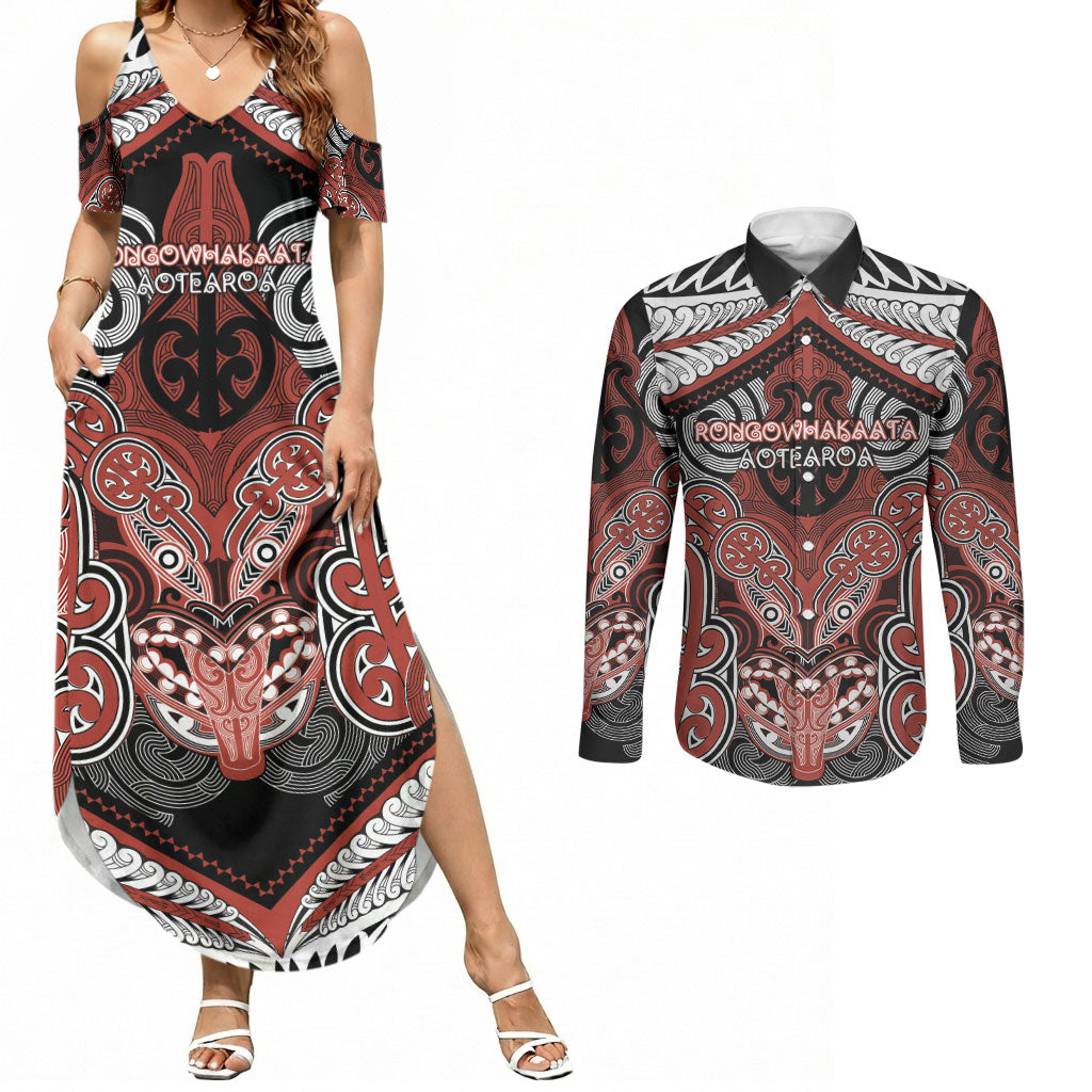 Aotearoa Iwi Rongowhakaata Personalised Couples Matching Summer Maxi Dress and Long Sleeve Button Shirt Maori Kowhaiwhai Pattern