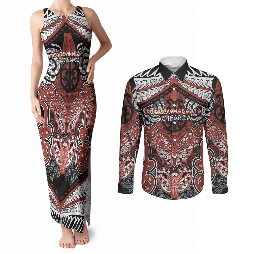 Aotearoa Iwi Rongowhakaata Personalised Couples Matching Tank Maxi Dress and Long Sleeve Button Shirt Maori Kowhaiwhai Pattern