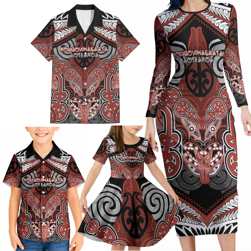 Aotearoa Iwi Rongowhakaata Personalised Family Matching Long Sleeve Bodycon Dress and Hawaiian Shirt Maori Kowhaiwhai Pattern
