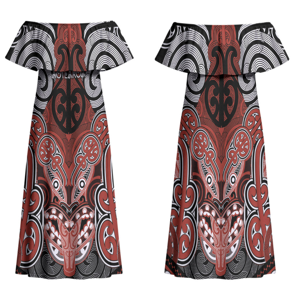 Aotearoa Iwi Rongowhakaata Personalised Family Matching Off Shoulder Maxi Dress and Hawaiian Shirt Maori Kowhaiwhai Pattern