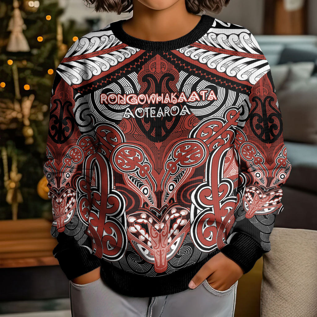 Aotearoa Iwi Rongowhakaata Personalised Kid Ugly Christmas Sweater Maori Kowhaiwhai Pattern