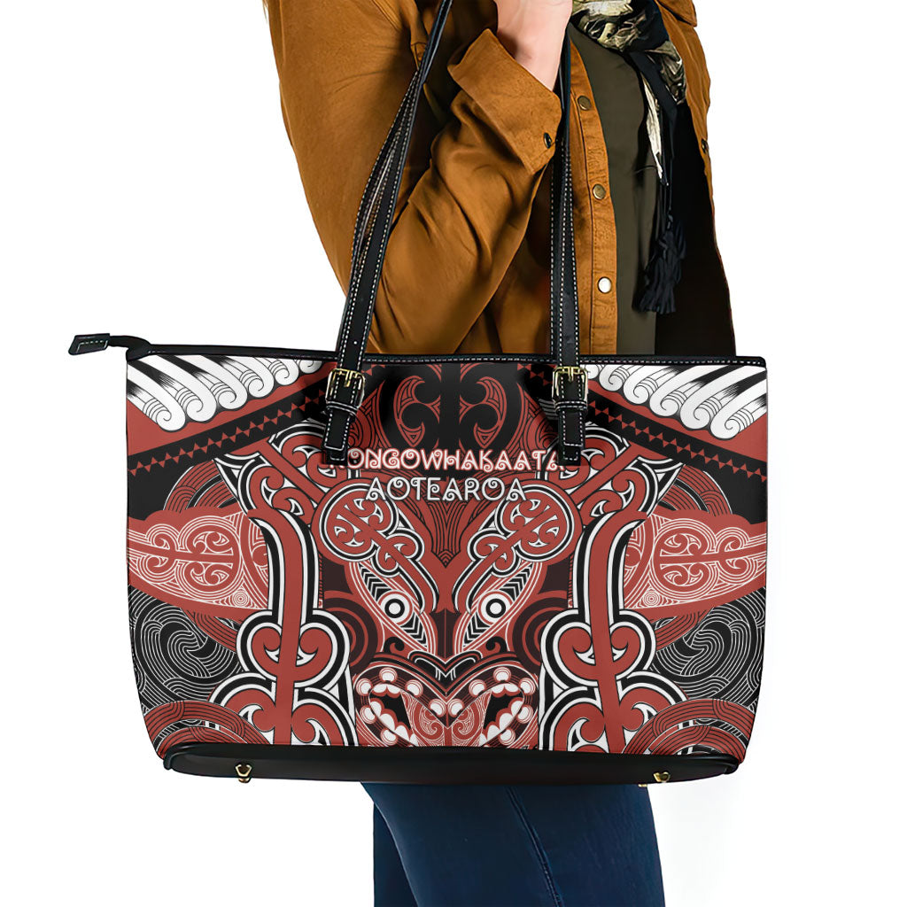 Aotearoa Iwi Rongowhakaata Leather Tote Bag Maori Kowhaiwhai Pattern