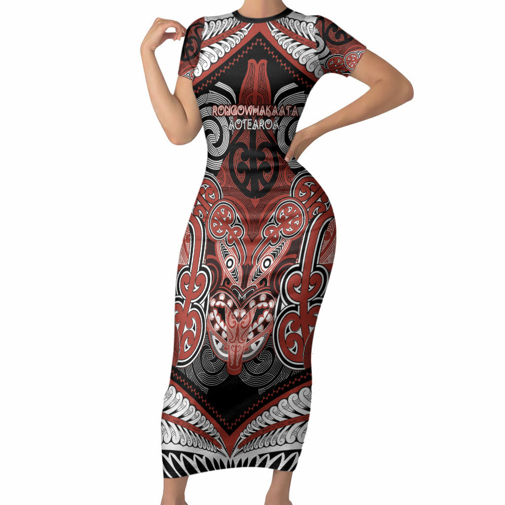 Aotearoa Iwi Rongowhakaata Personalised Short Sleeve Bodycon Dress Maori Kowhaiwhai Pattern