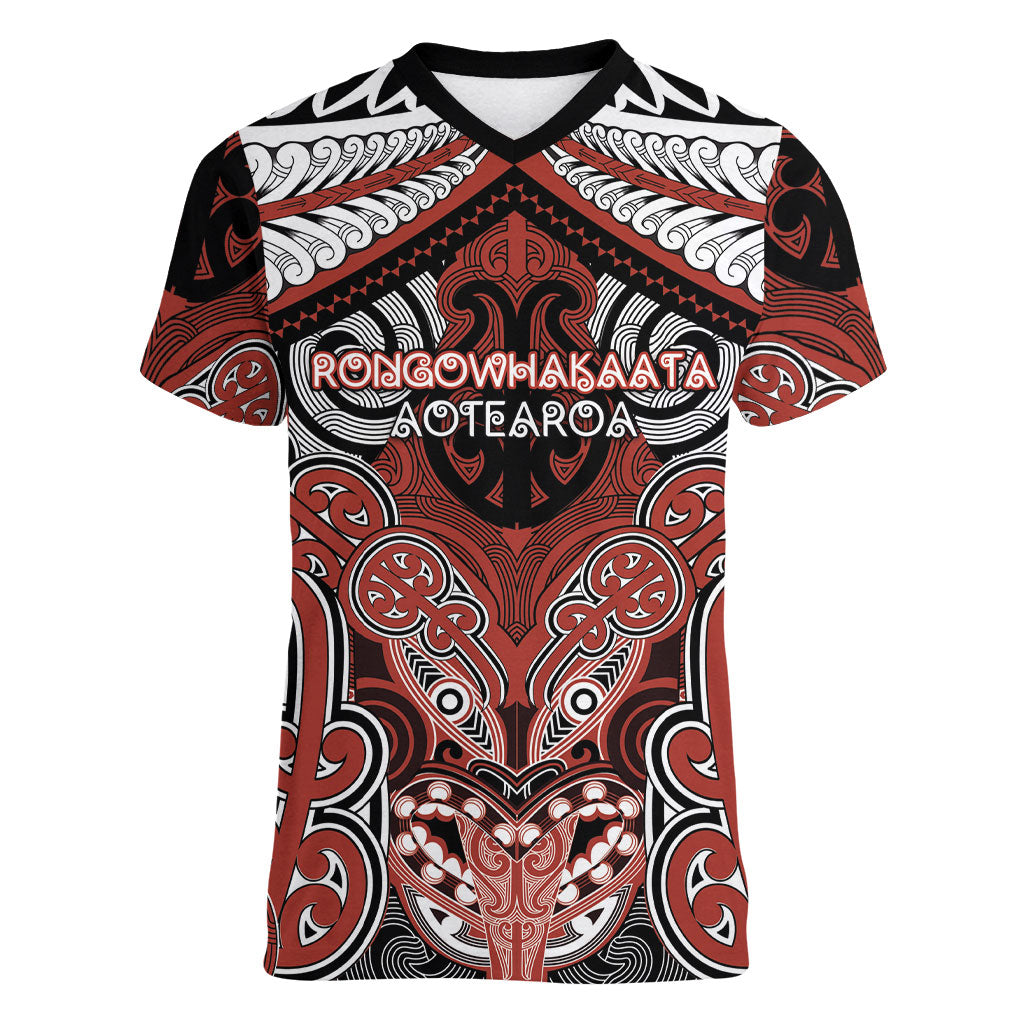 Aotearoa Iwi Rongowhakaata Personalised Women V-Neck T-Shirt Maori Kowhaiwhai Pattern