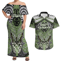Aotearoa Iwi Ngati Raukawa Personalised Couples Matching Off Shoulder Maxi Dress and Hawaiian Shirt Maori Kowhaiwhai Pattern