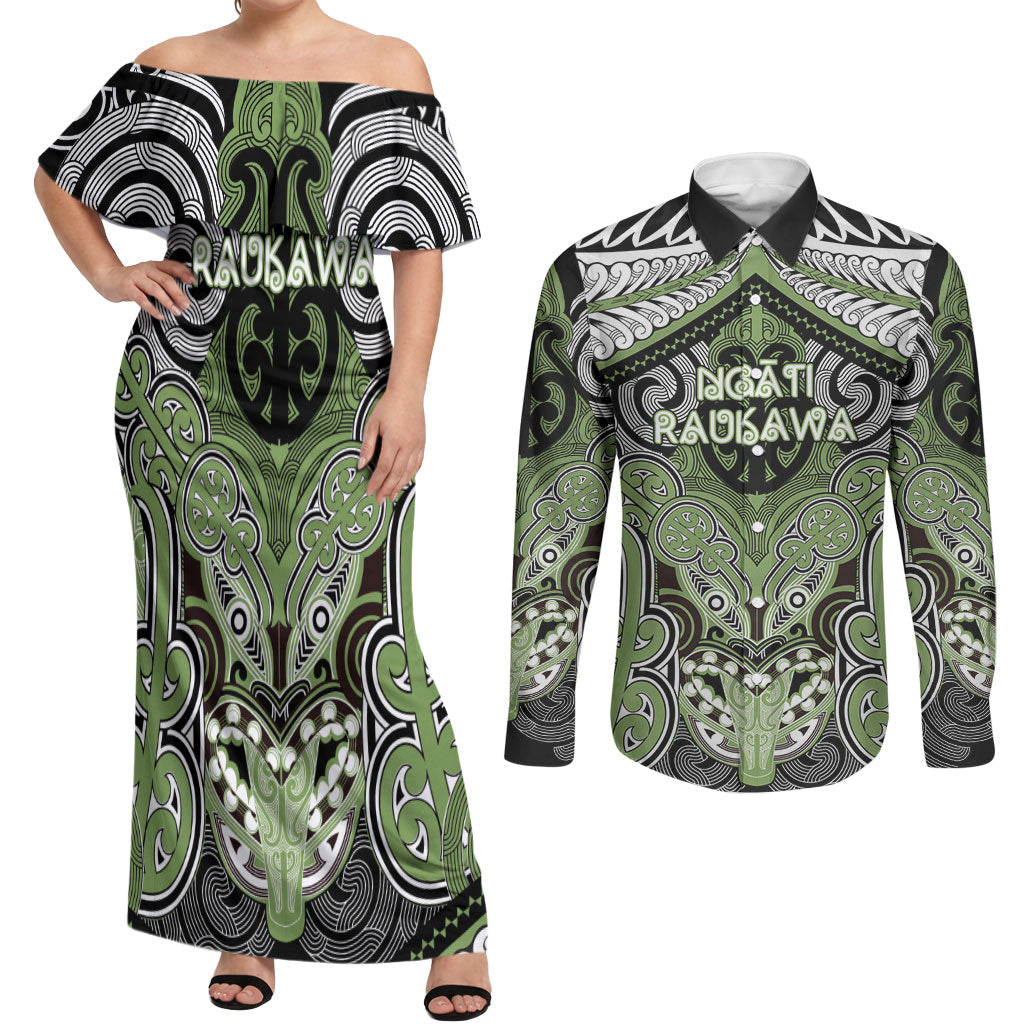 Aotearoa Iwi Ngati Raukawa Personalised Couples Matching Off Shoulder Maxi Dress and Long Sleeve Button Shirt Maori Kowhaiwhai Pattern