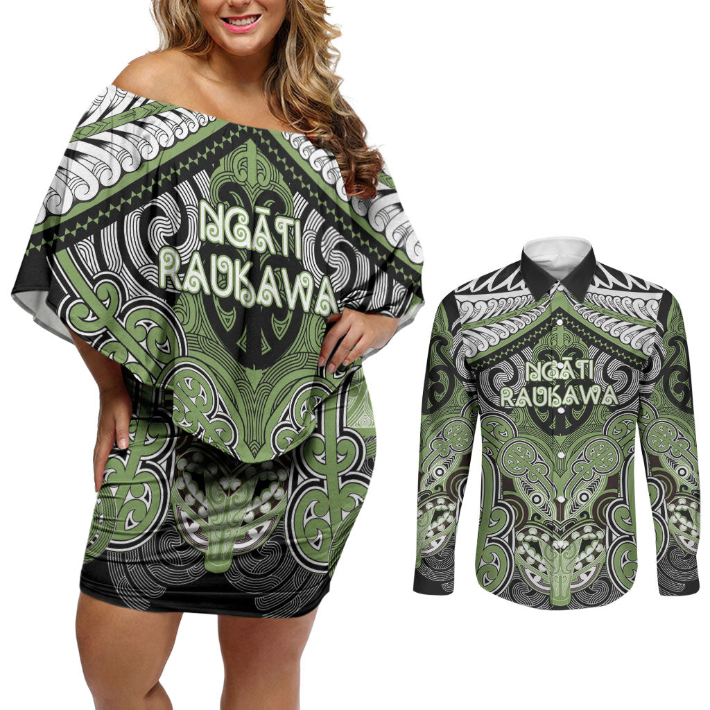 Aotearoa Iwi Ngati Raukawa Personalised Couples Matching Off Shoulder Short Dress and Long Sleeve Button Shirt Maori Kowhaiwhai Pattern
