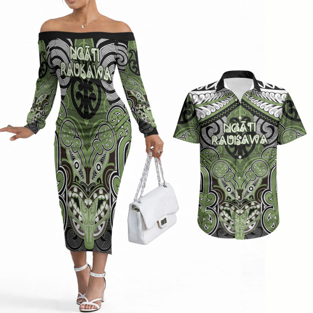 Aotearoa Iwi Ngati Raukawa Personalised Couples Matching Off The Shoulder Long Sleeve Dress and Hawaiian Shirt Maori Kowhaiwhai Pattern