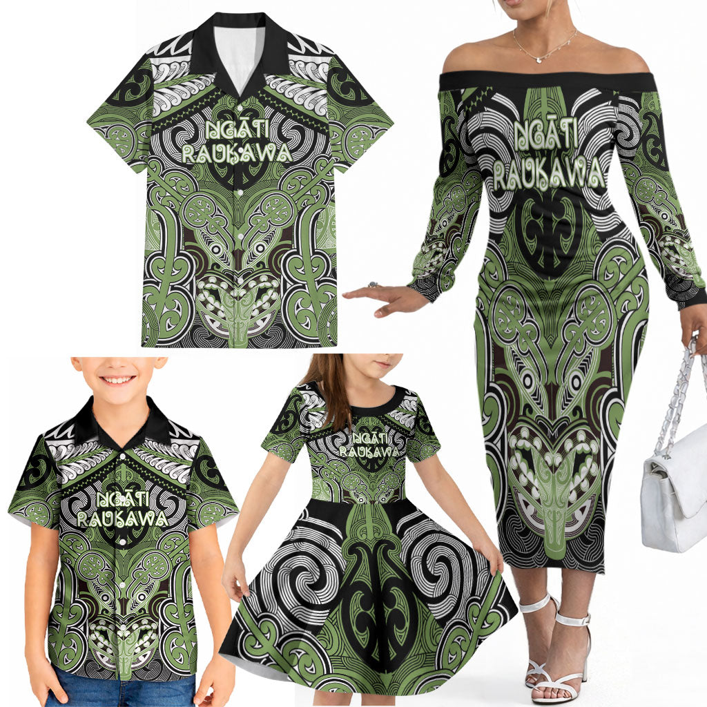 Aotearoa Iwi Ngati Raukawa Personalised Family Matching Off The Shoulder Long Sleeve Dress and Hawaiian Shirt Maori Kowhaiwhai Pattern