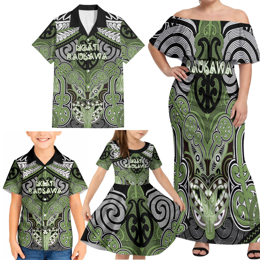 Aotearoa Iwi Ngati Raukawa Personalised Family Matching Off Shoulder Maxi Dress and Hawaiian Shirt Maori Kowhaiwhai Pattern