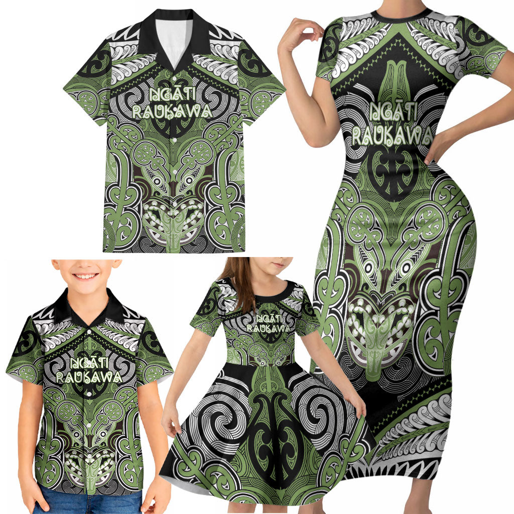 Aotearoa Iwi Ngati Raukawa Personalised Family Matching Short Sleeve Bodycon Dress and Hawaiian Shirt Maori Kowhaiwhai Pattern