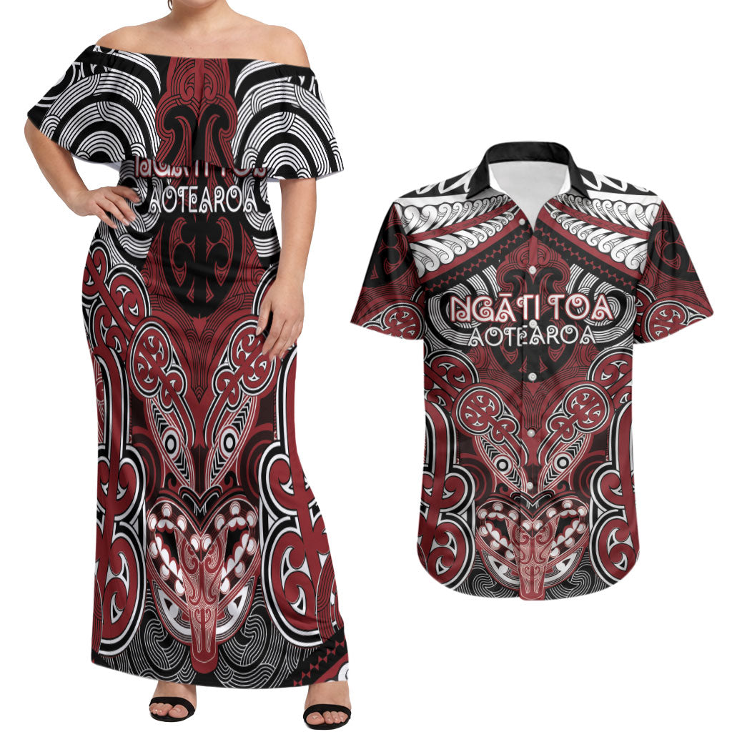 Aotearoa Iwi Ngati Toa Personalised Couples Matching Off Shoulder Maxi Dress and Hawaiian Shirt Maori Kowhaiwhai Pattern