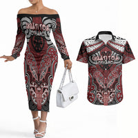 Aotearoa Iwi Ngati Toa Personalised Couples Matching Off The Shoulder Long Sleeve Dress and Hawaiian Shirt Maori Kowhaiwhai Pattern