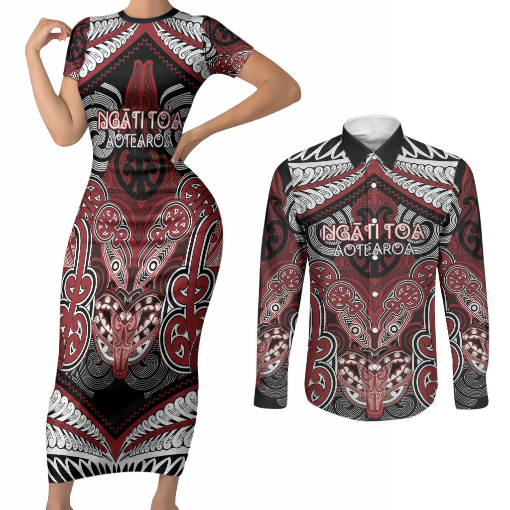 Aotearoa Iwi Ngati Toa Personalised Couples Matching Short Sleeve Bodycon Dress and Long Sleeve Button Shirt Maori Kowhaiwhai Pattern