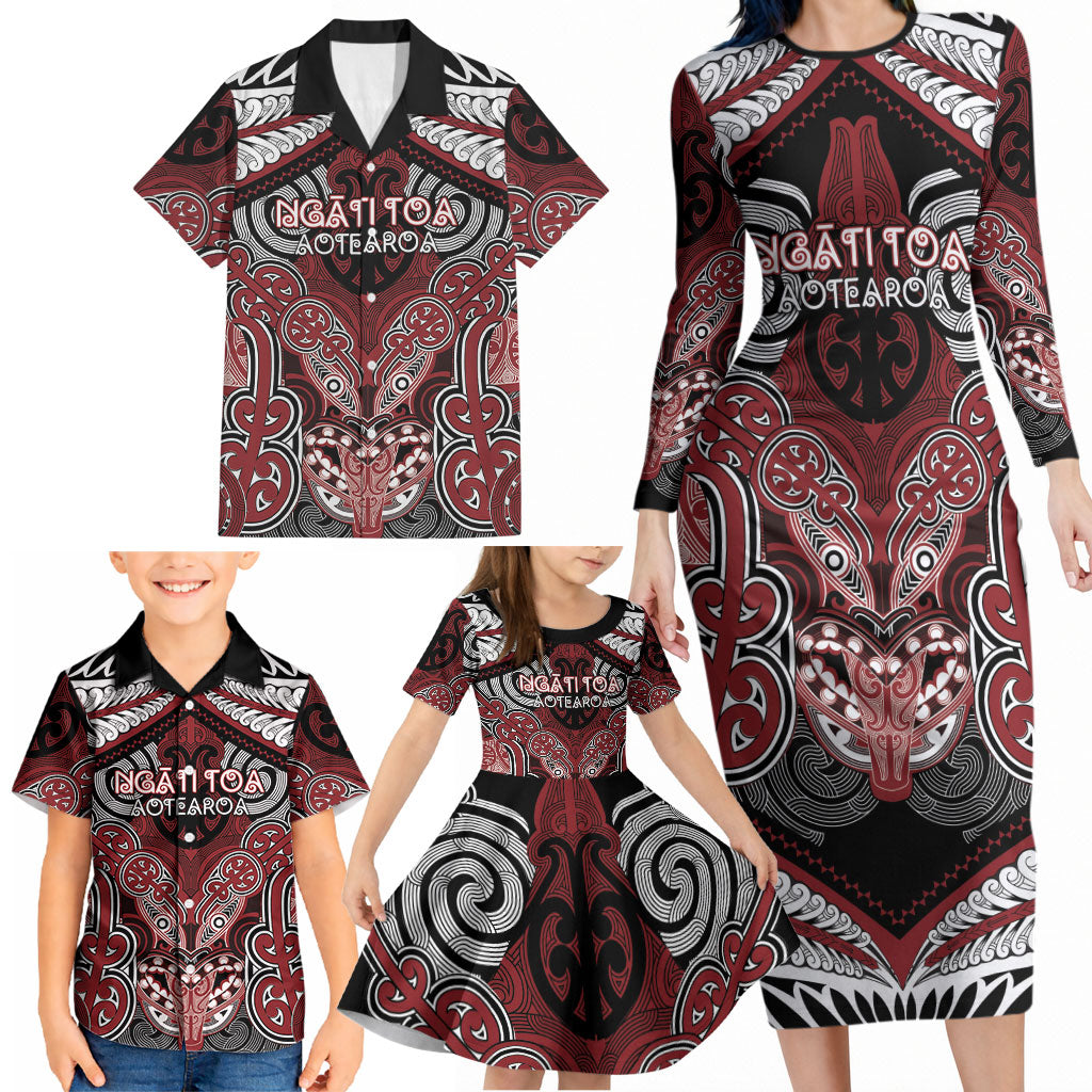 Aotearoa Iwi Ngati Toa Personalised Family Matching Long Sleeve Bodycon Dress and Hawaiian Shirt Maori Kowhaiwhai Pattern