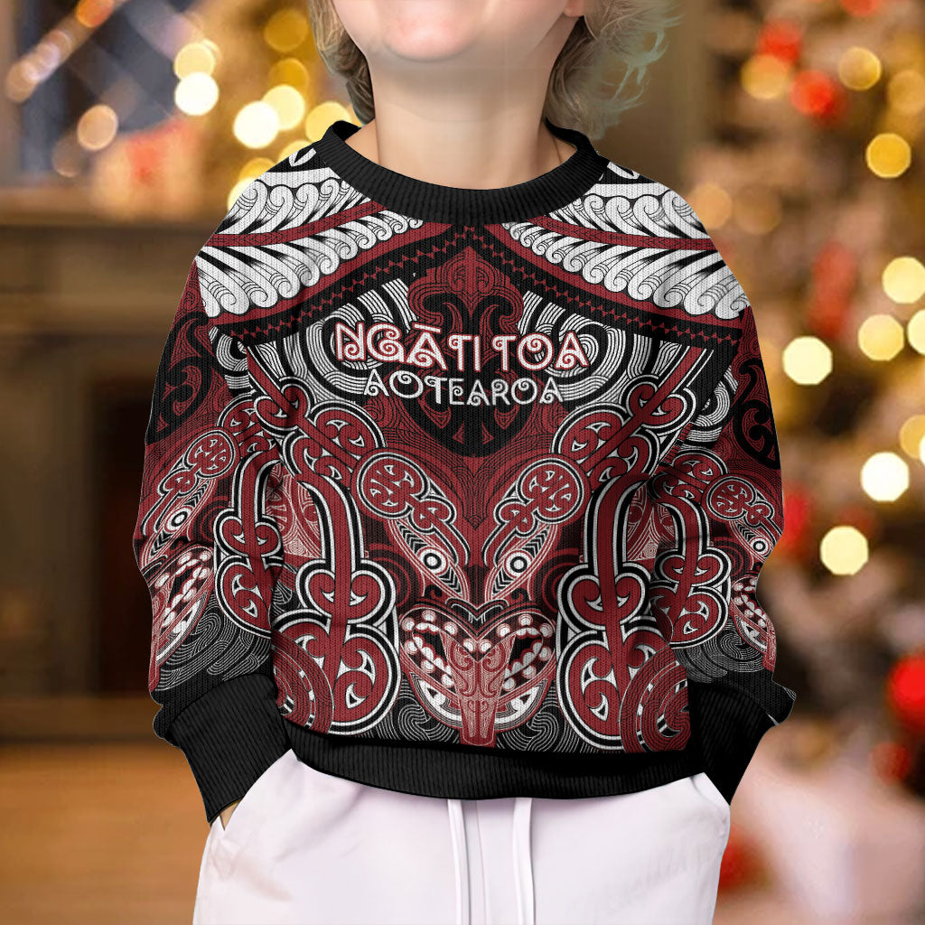 Aotearoa Iwi Ngati Toa Personalised Kid Ugly Christmas Sweater Maori Kowhaiwhai Pattern