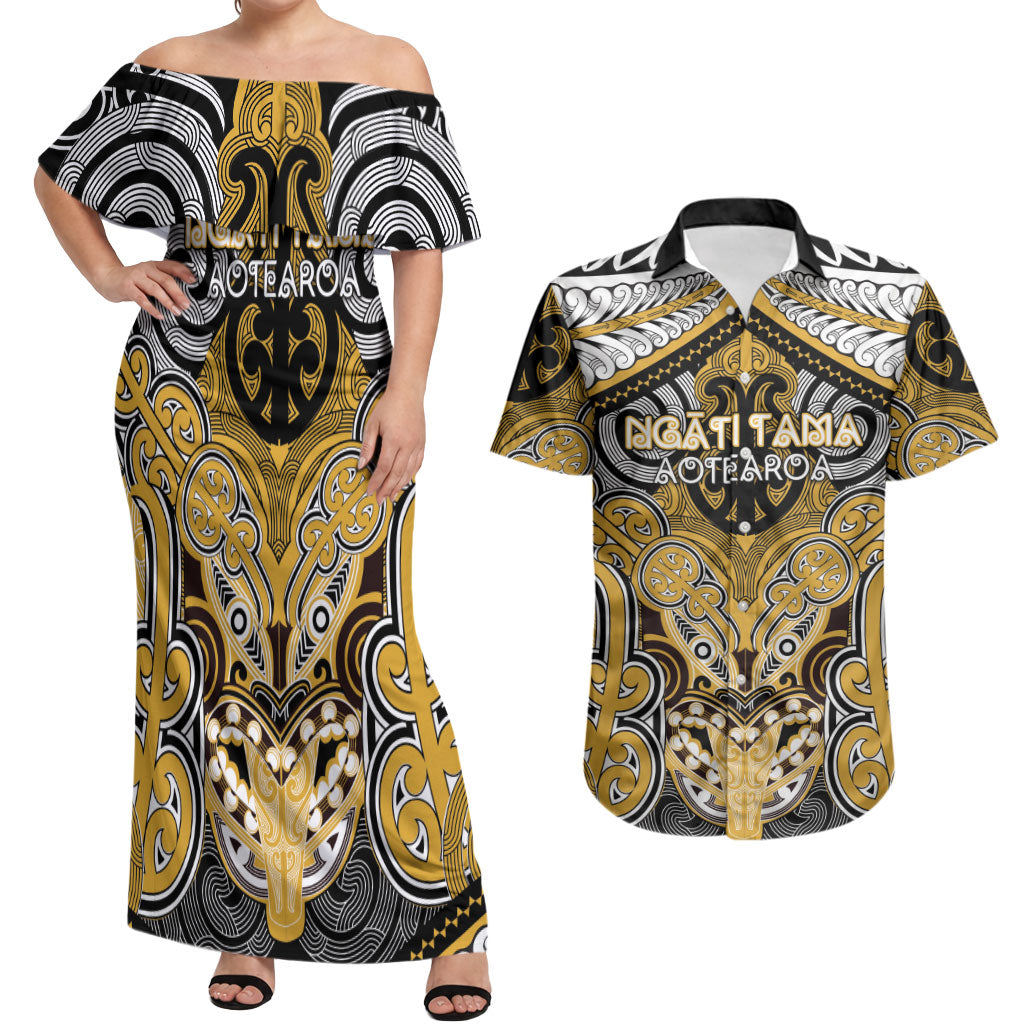 Aotearoa Iwi Ngati Tama Personalised Couples Matching Off Shoulder Maxi Dress and Hawaiian Shirt Maori Kowhaiwhai Pattern